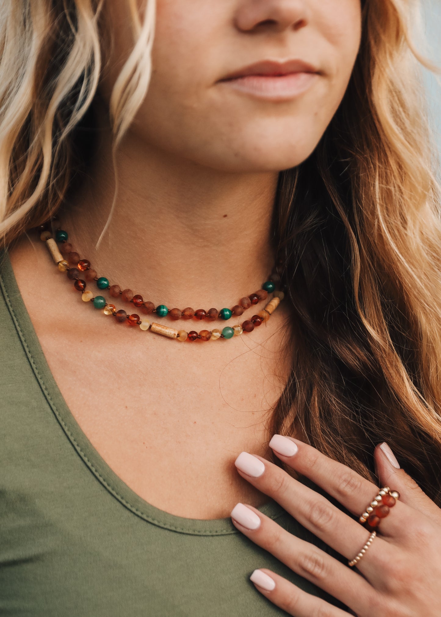 Ámbar báltico de coñac crudo || Lava + Jade + Ágata || Collar