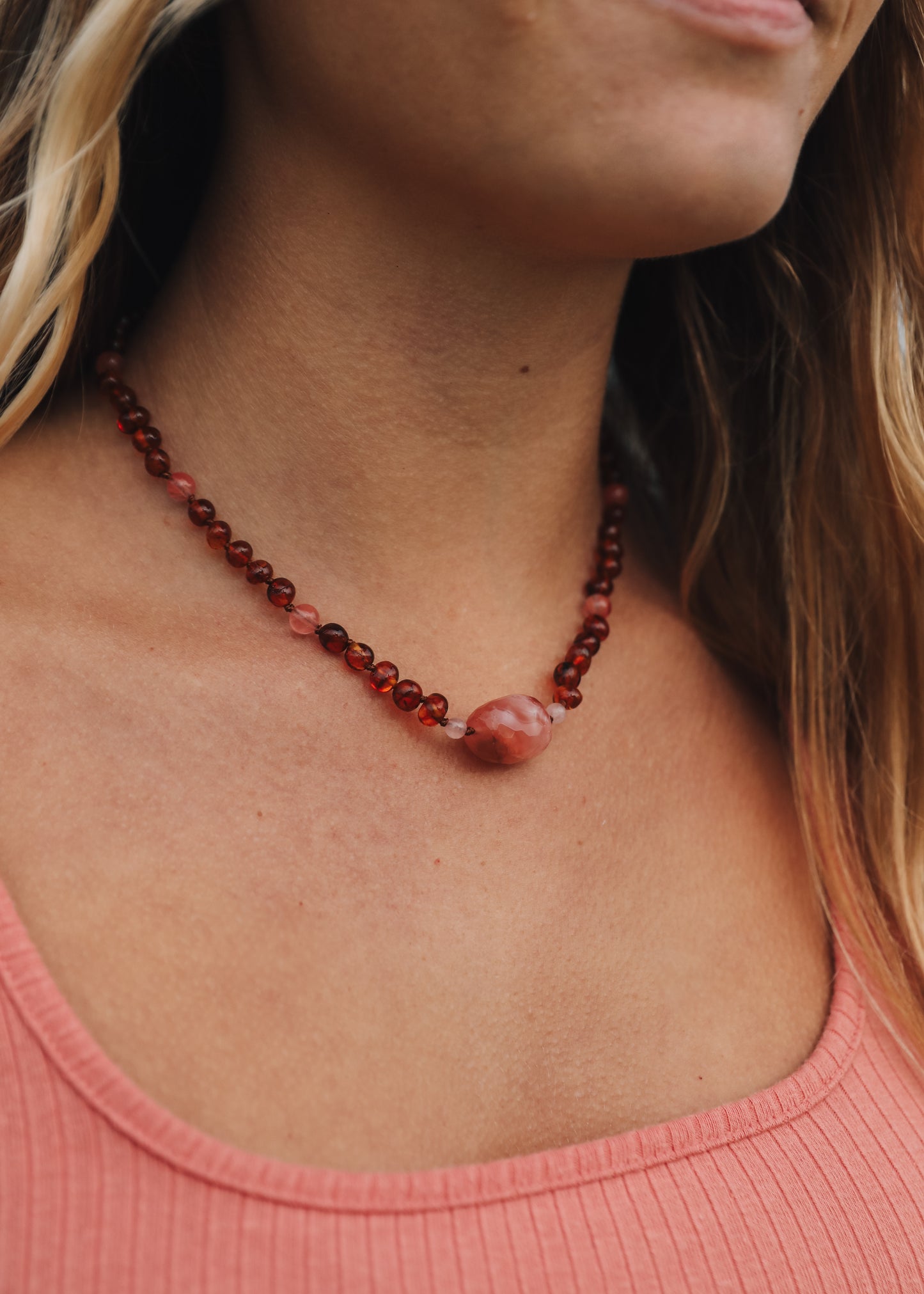 Coñac crudo Ámbar báltico + Jaspe turquesa || Conjunto de collar