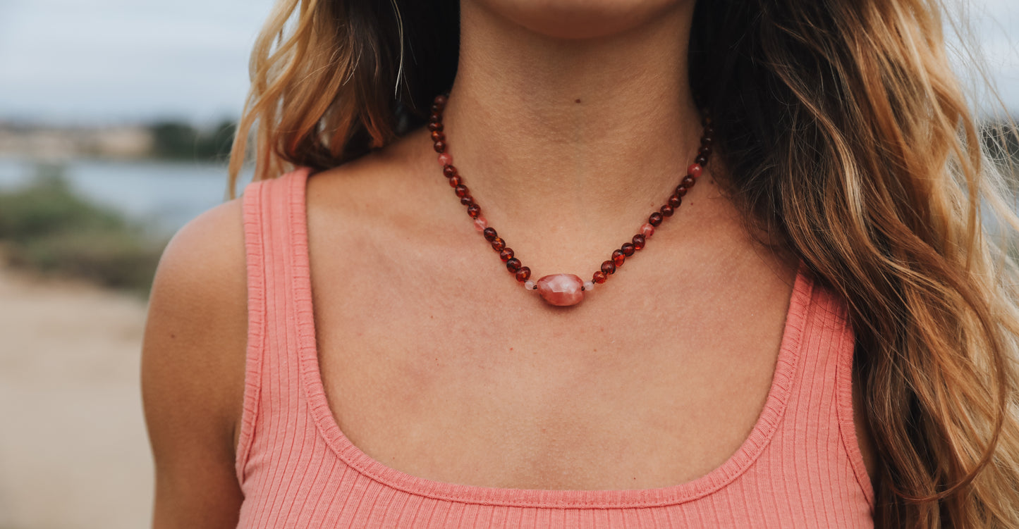 Coñac crudo Ámbar báltico + Jaspe turquesa || Conjunto de collar
