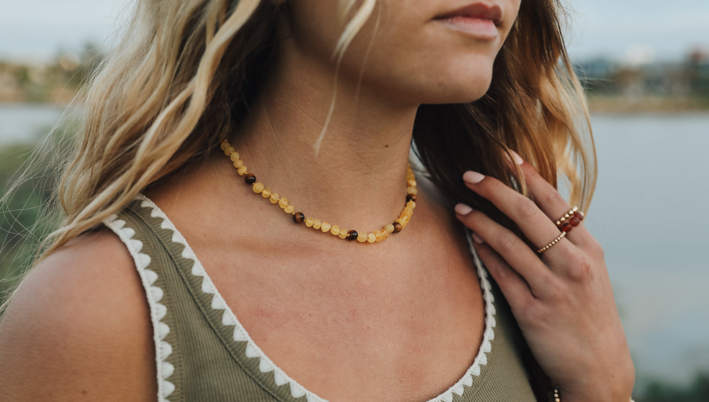 Raw Honey Baltic Amber + Tigers Eye || Halo Necklace