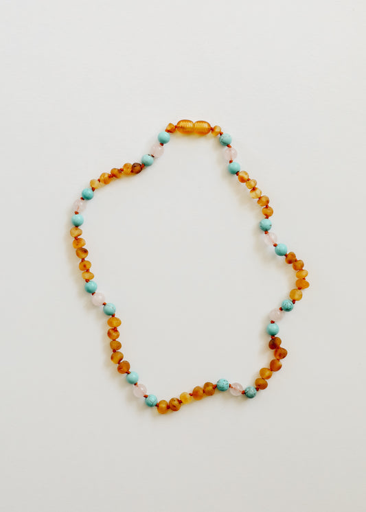 Raw Honey Baltic Amber and Natural Turquoise + Rose Quartz || Necklace