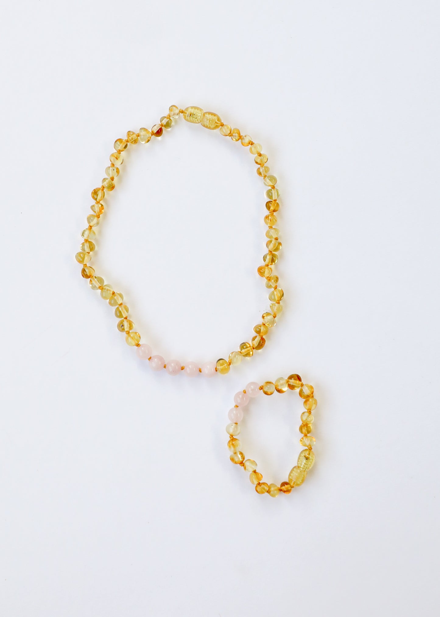 Ámbar báltico miel pulido + cuarzo rosa || Collar