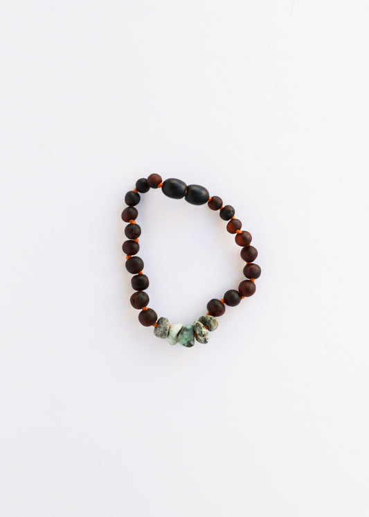 Ámbar Báltico Negro Crudo + Jaspe Turquesa Crudo || Tobillera o pulsera