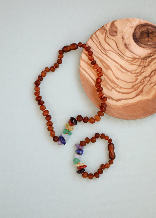 Raw Cognac Baltic Amber + Raw CHAKRA Crystals || Anklet or Bracelet