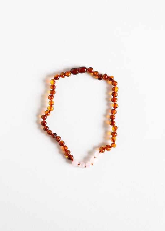 Polished Cognac Baltic Amber + Rose Quartz || Necklace