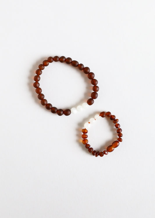 Coñac crudo Ámbar báltico + Piedra lunar || Conjunto de pulsera