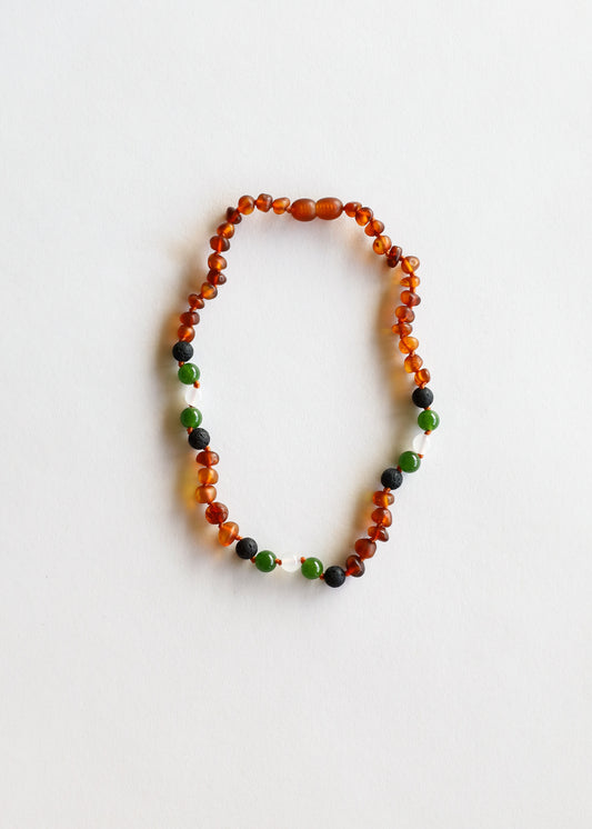 Raw Cognac Baltic Amber || Lava + Jade + Agate || Necklace