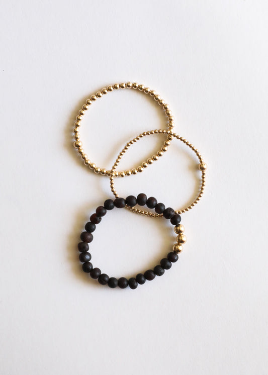 Ámbar báltico negro crudo + oro || Pila de pulseras para adultos ||