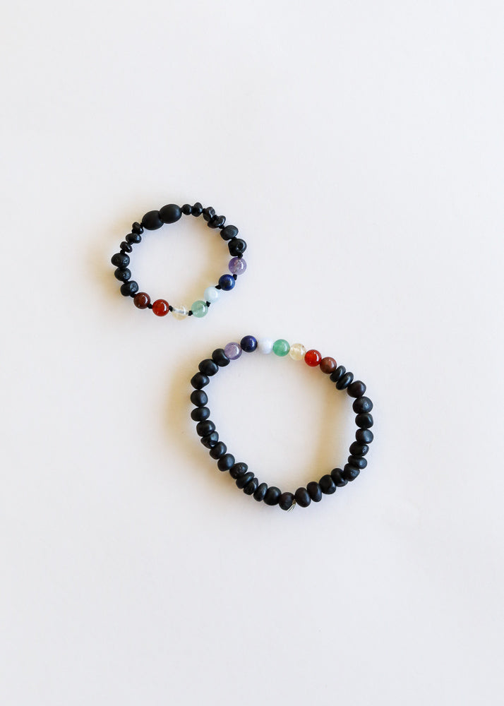 Raw Black Baltic Amber + CHAKRA Crystals || Bracelet Set
