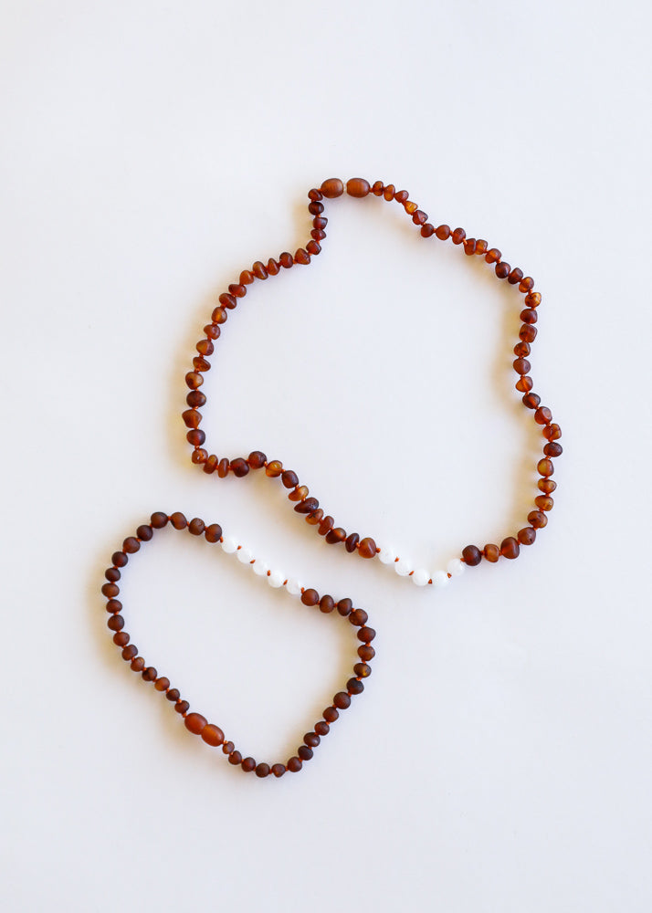 Coñac crudo Ámbar báltico + Piedra lunar || Conjunto de collar