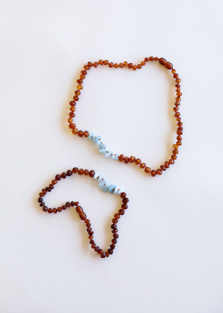 Coñac crudo Ámbar báltico + Aguamarina || Conjunto de collar