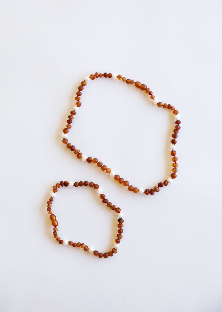 Ámbar báltico coñac crudo + halo de perlas || Conjunto de collar