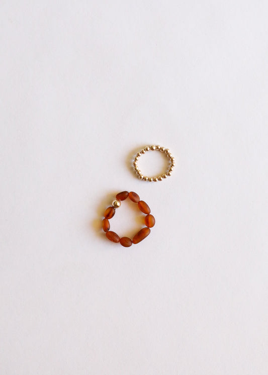 Raw Cognac Baltic Amber + 14K Gold Filled Beaded Ring Stack