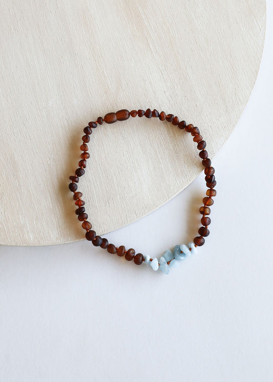 Raw Cognac Baltic Amber + Aquamarine || Necklace