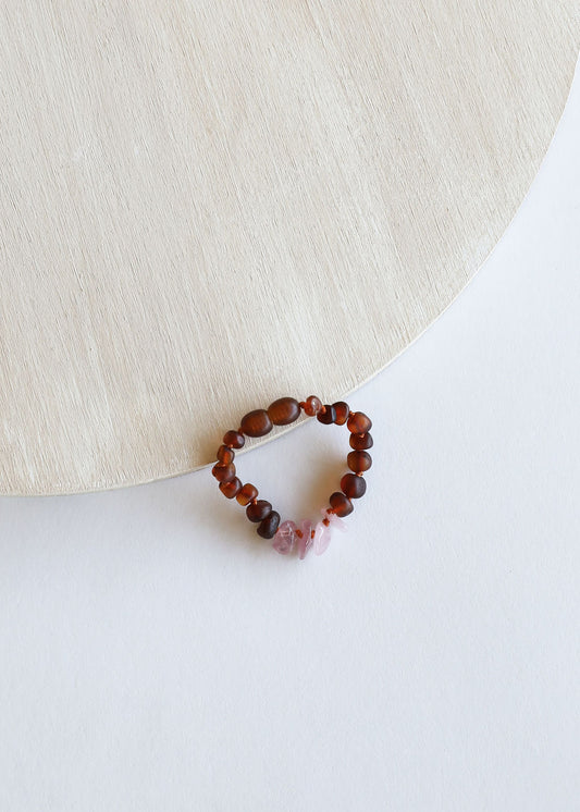 Raw Cognac Baltic Amber + Raw Rose Quartz || Anklet or Bracelet