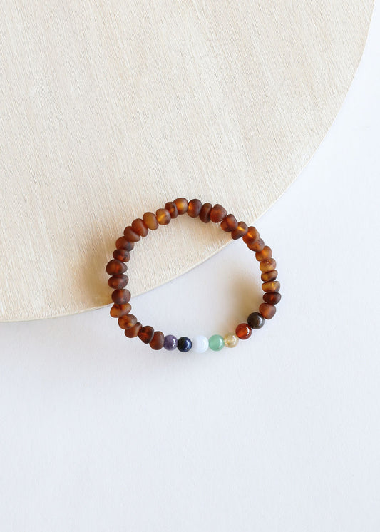 Raw Cognac Baltic Amber + CHAKRA Crystals || Adult Bracelet