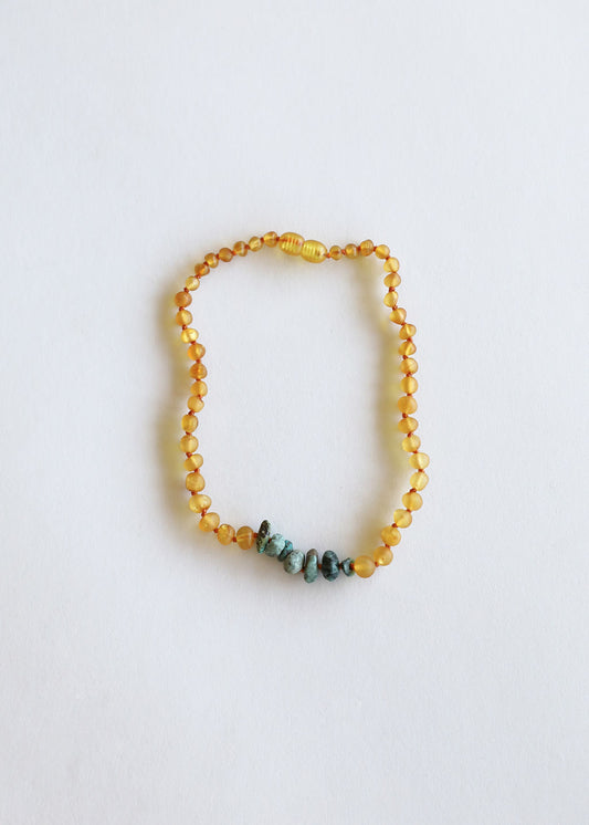 Miel cruda Ámbar báltico + Jaspe turquesa crudo || Collar