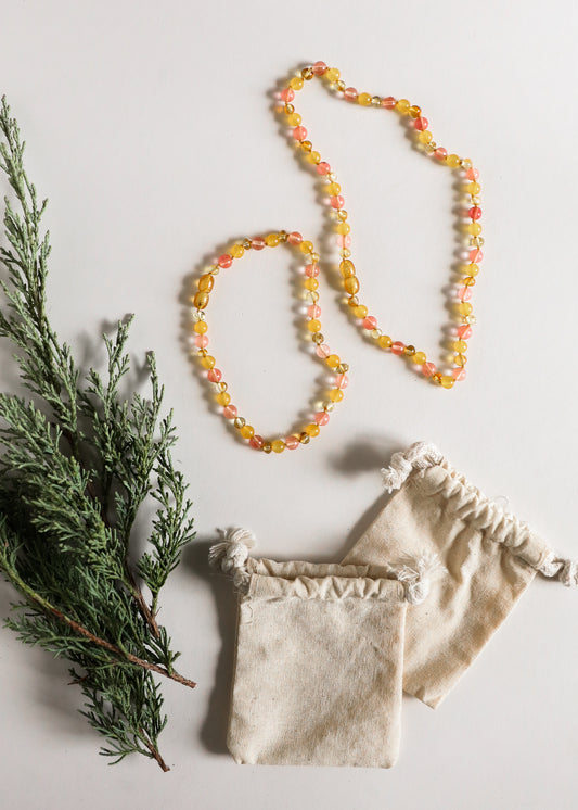 Ámbar báltico con miel pulida + piedras preciosas de madreselva || Conjunto de collar