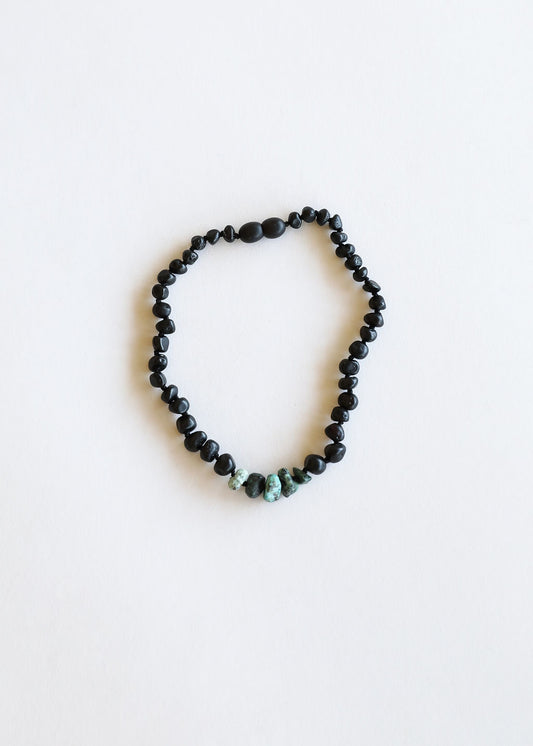 Collar de ámbar báltico negro crudo + jaspe turquesa crudo