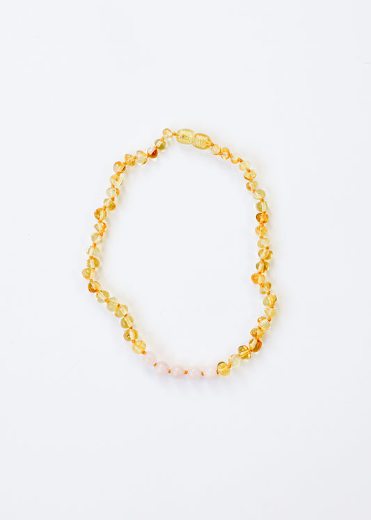 Polished Honey Baltic Amber + Rose Quartz || Necklace