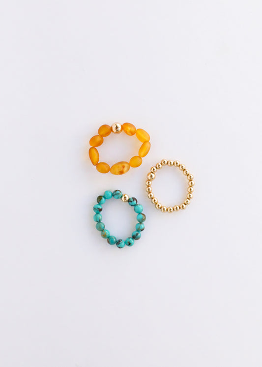Natural Turquoise + Gold + Honey Amber || Ring Set Trio ||on