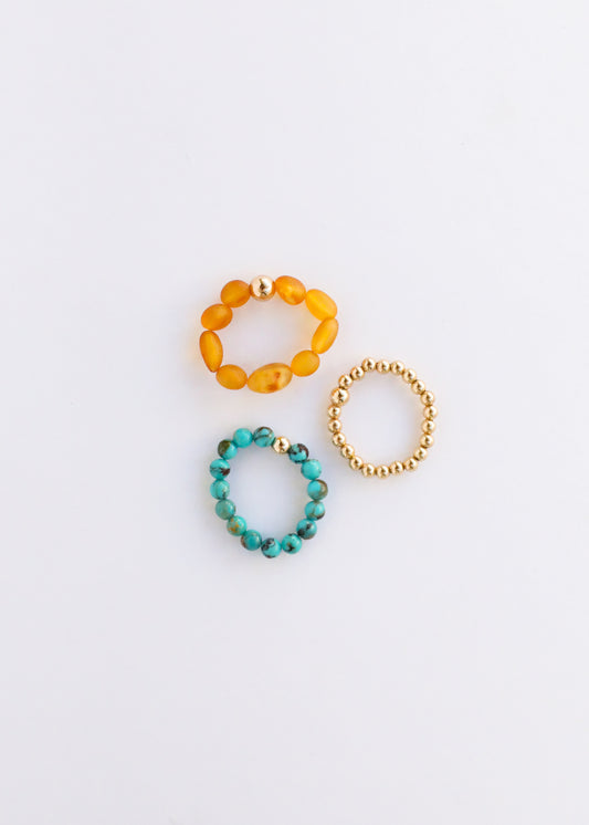Natural Turquoise + 14k Gold Filled + Honey Amber || Ring Set Trio ||