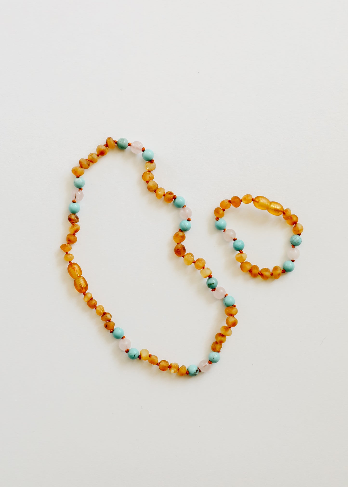 Raw Honey Baltic Amber and Natural Turquoise + Rose Quartz || Necklace