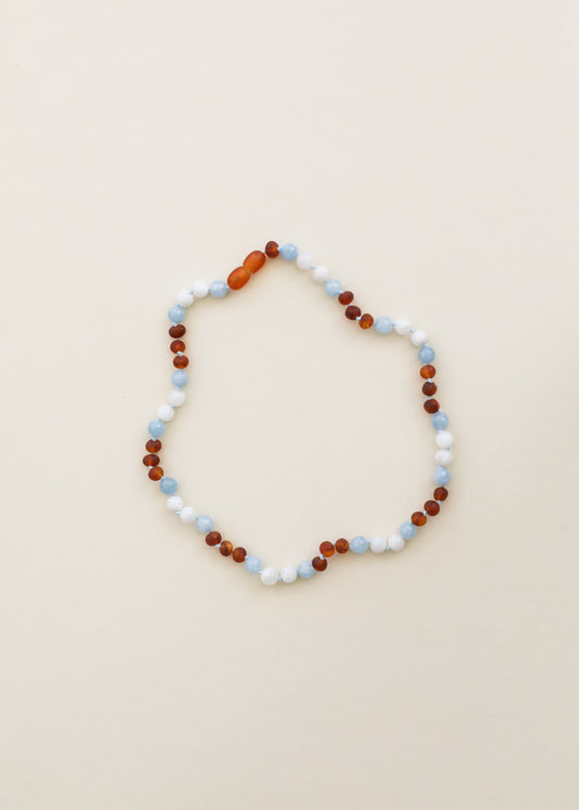 Raw Cognac Baltic Sea Amber + Moonstone + Aquamarine || Gemstone Necklace