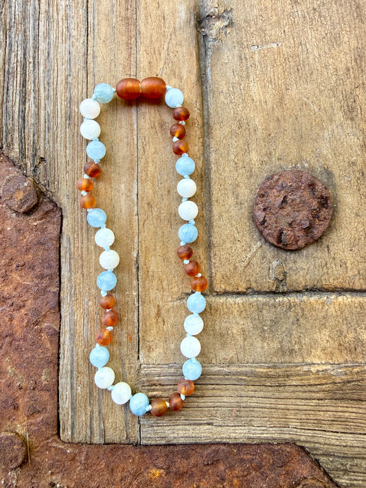 Raw Cognac Baltic Sea Amber + Moonstone + Aquamarine || Gemstone Necklace