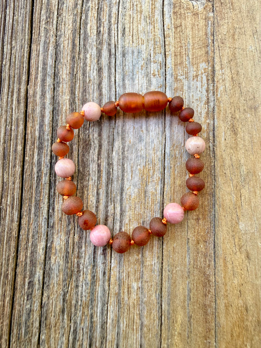 Raw Cognac Baltic Amber + Pink Rhodonite Halo || Anklet or Bracelet