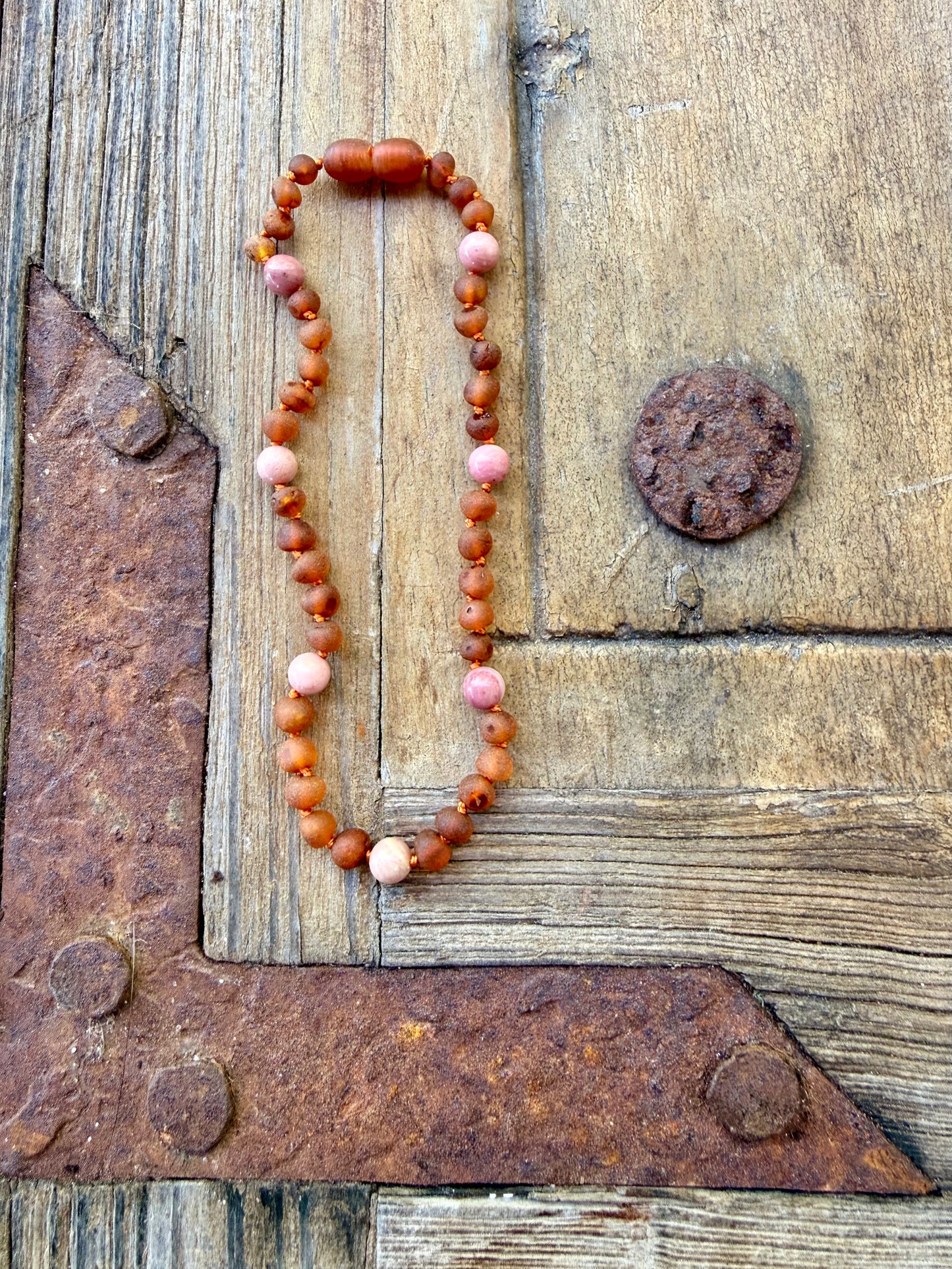 Raw Cognac Baltic Amber + Pink Rhodonite Halo || Necklace