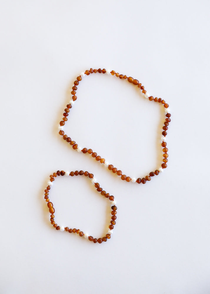 Ámbar báltico coñac crudo + halo de perlas || Conjunto de collar 