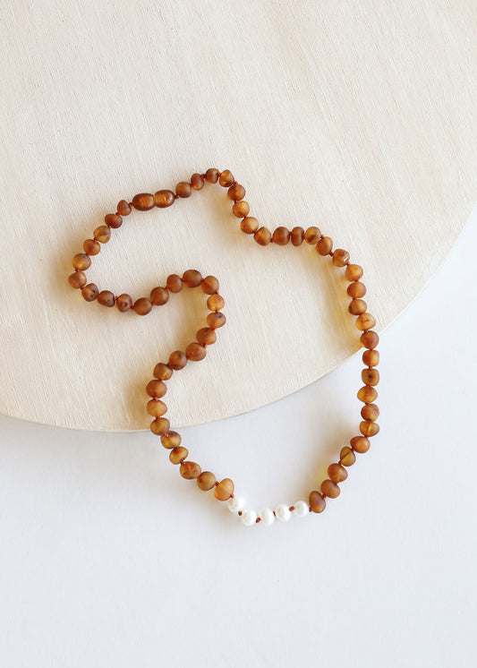 Raw Cognac Baltic Amber + Pearls || Necklace