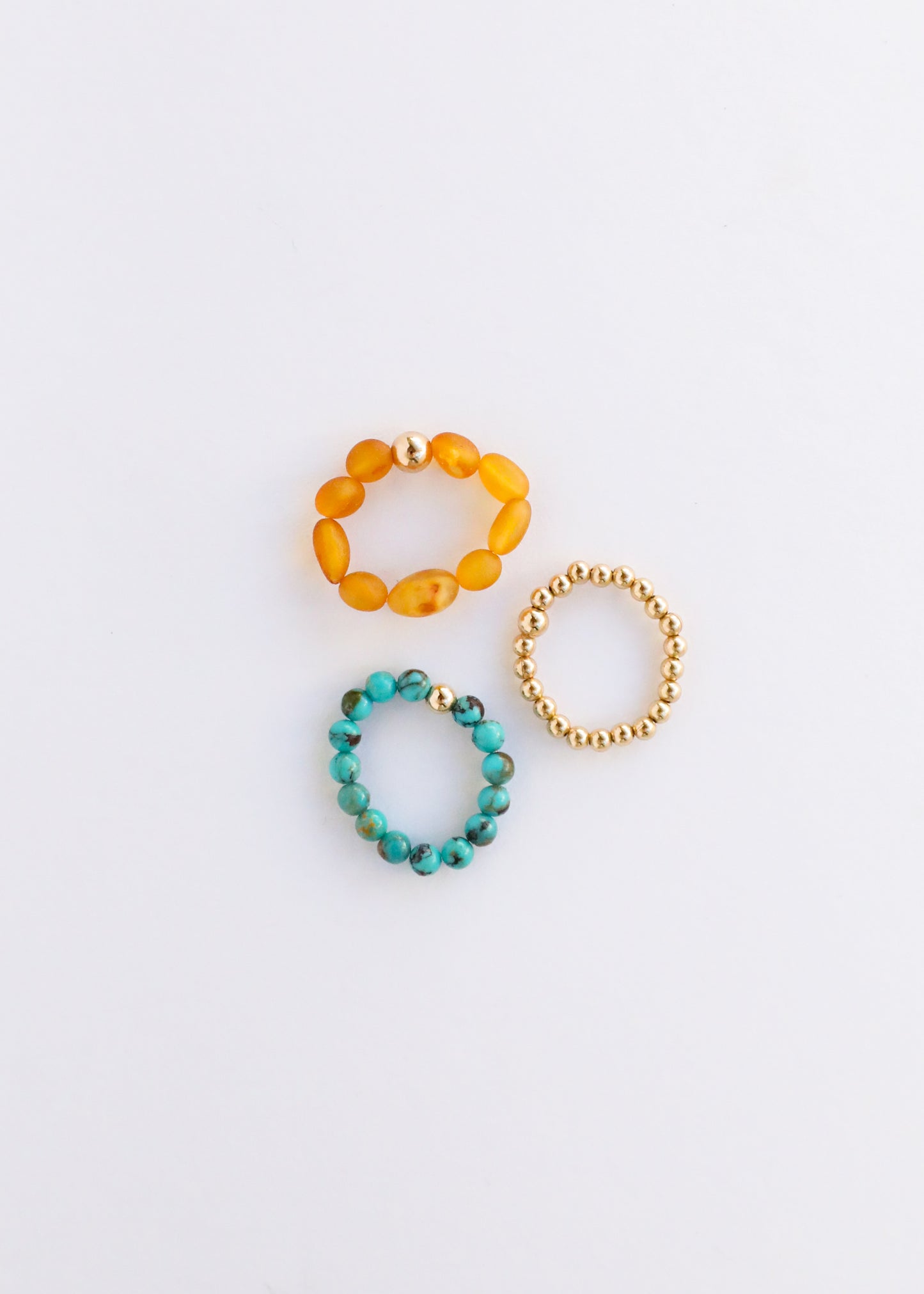 Natural Turquoise + Gold + Honey Amber || Ring Set Trio ||